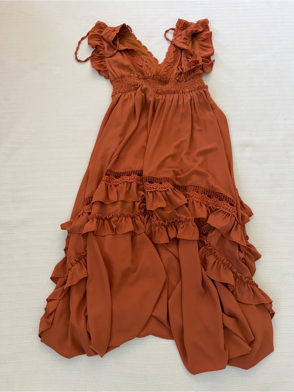 Baltic Born Jasmine Ruffle High-Low Dress Rust Terracotta Crochet Lg BeS1